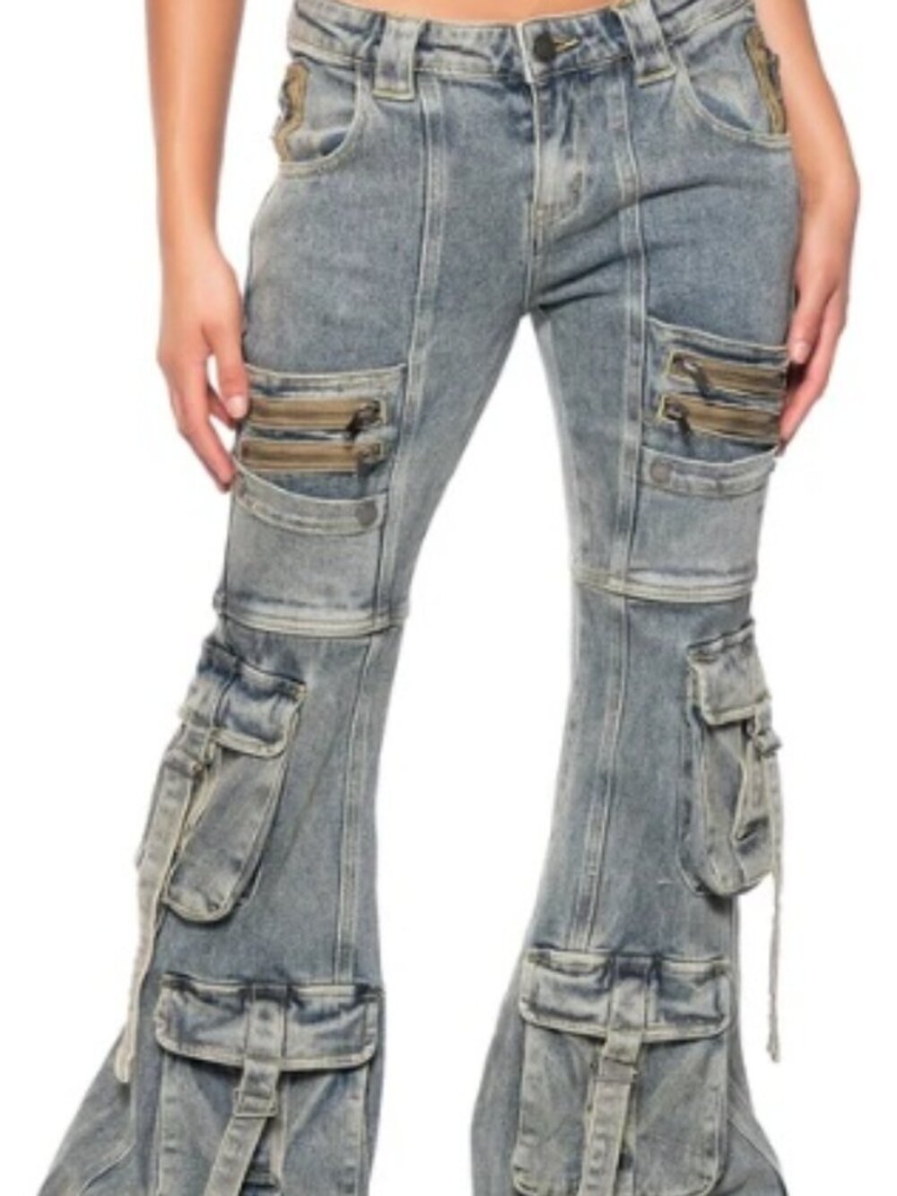 AKIRA Officially Back Low Rise Flare Cargo Jeans Size 13 Y2K Utility Denim